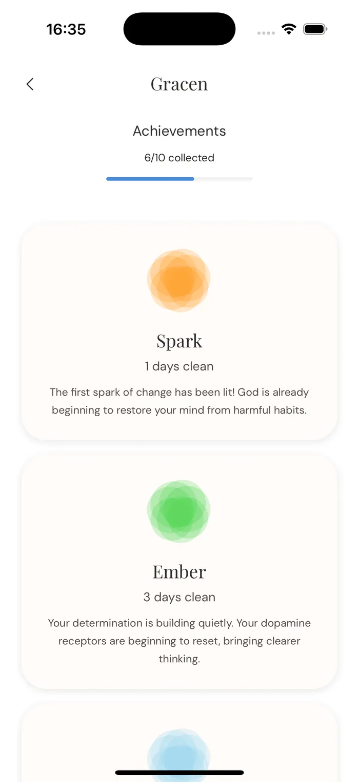 Gracen achievements screen showing collected milestones